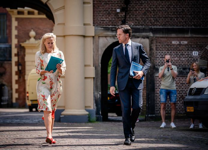 Fractieleiders Mark Rutte (VVD) en Sigrid Kaag (D66) op het Binnenhof voor aanvang van een gesprek met informateur Mariette Hamer.
