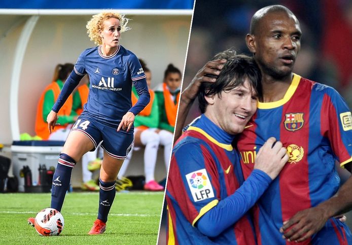 Links: Kheira Hamraoui. Rechts: Eric Abidal met Lionel Messi tijdens het seizoen 2010/2011.