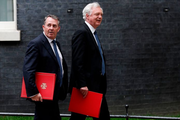 Handelsminister Liam Fox (l.) en Brexitminister David Davis, vanmiddag aan Downing Street 10 in Londen. Davis zou gedreigd hebben met ontslag indien er geen einddatum vermeld zou zijn in het noodplan.