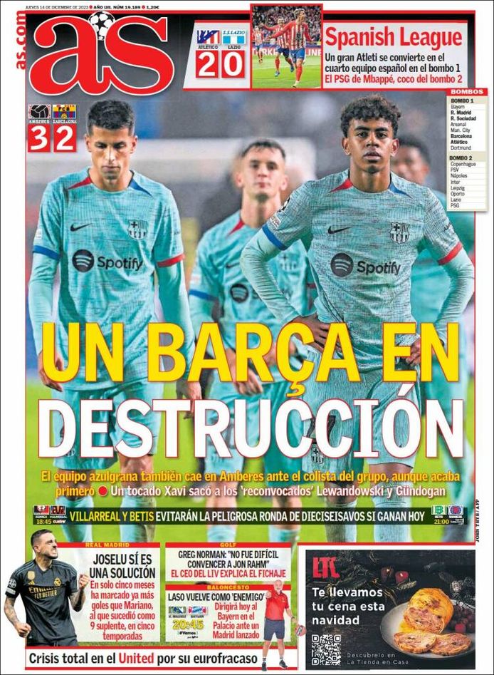 "Een Barça in staat van vernieling", schrijft AS.