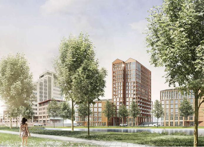 Impressie van de hoogbouw die aan de Handelskade moet komen. Links de Leeuwenbrug.