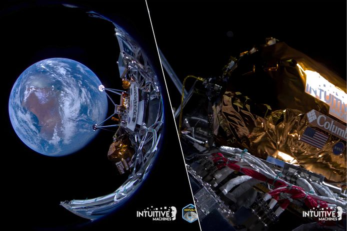 De Nova-C, de maanlander van het commerciële ruimtevaartbedrijf Intuitive Machines, heeft een eerste reeks beelden gestuurd na de lancering. Op deze "selfie" is de maanlander zelf te zien net na het loskoppelen van de Falcon-9 raket die de maanlander naar de ruimte bracht.