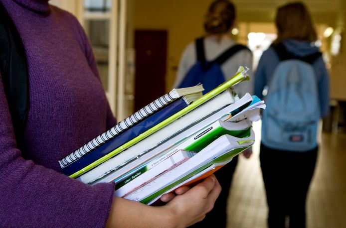 Foto ter illustratie. Scholieren met schoolboeken op school.