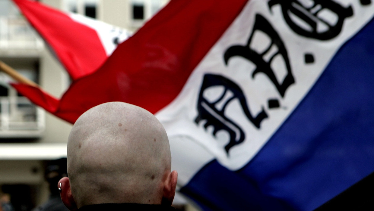 Archieffoto: een demonstrant bij een vlag van de Nederlandse Volks-Unie. Beeld anp