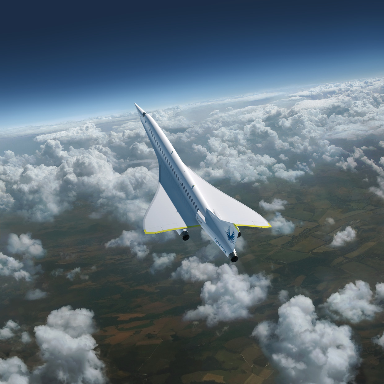 Artistieke verbeelding van de Overture, een supersonisch passagierstoestel dat vanaf 2029 moet gaan vliegen. Beeld Boom Supersonic