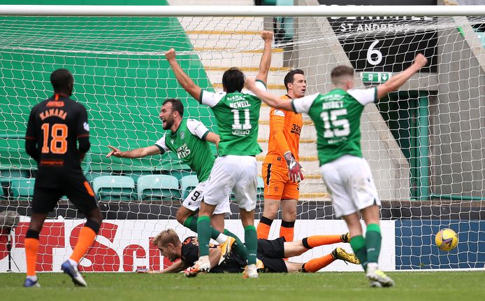 Hibernian juicht na de treffer tegen Rangers.