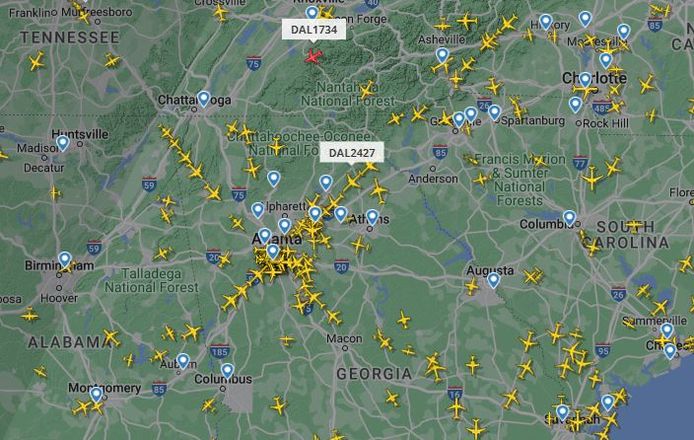 Vluchten onderweg naar Atlanta, waar veel toestellen moesten wachten tot ze weer mochten vliegen.