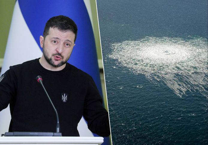 Links: de Oekraïense president Volodymyr Zelensky. Rechts: de sabotage van de Nord Stream pijpleidingen.