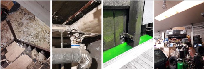 Vier voorbeelden van recente flagrante inbreuken in Brugge. Vlnr.: een ontplofte vetpot, asbest in huis, geloosd afvalwater in zee in Zeebrugge, en een slecht onderhouden garage.