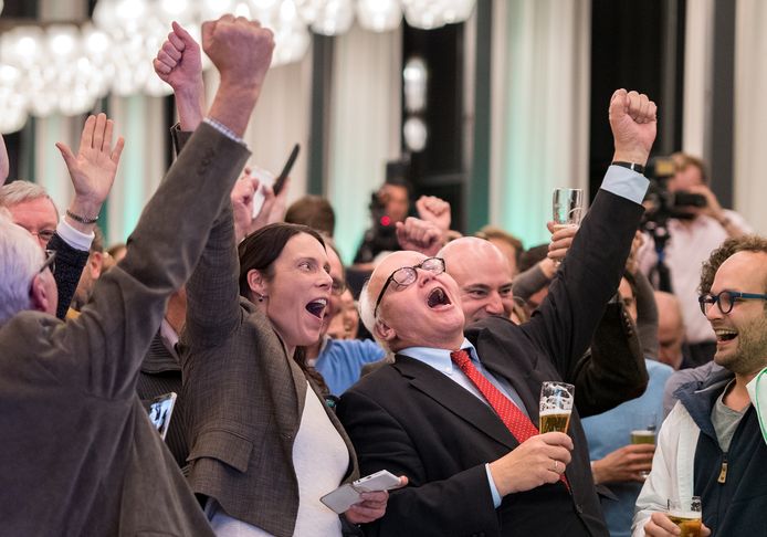 De huidige gezichten van D66 in Arnhem ten tijde van de bekendmaking van de uitslag van het referendum over woningbouw in Stadsblokken-Meinerswijk, drie jaar geleden. Links fractievoorzitter Sabine Andeweg, rechts naast haar (met biertje) wethouder Hans de Vroome.