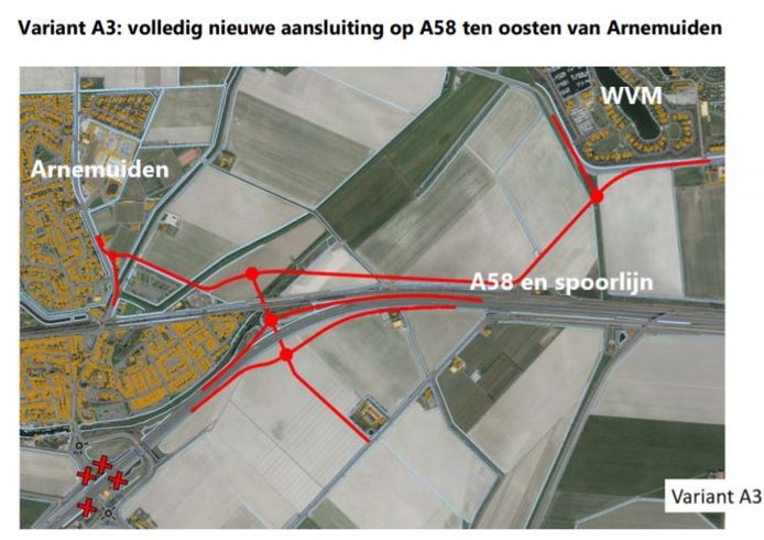Een van de varianten voor een nieuwe aansluiting op de A58 bij Arnemuiden.