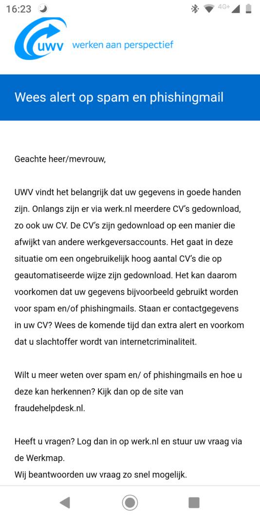 Bericht van het UWV aan getroffen gebruikers.