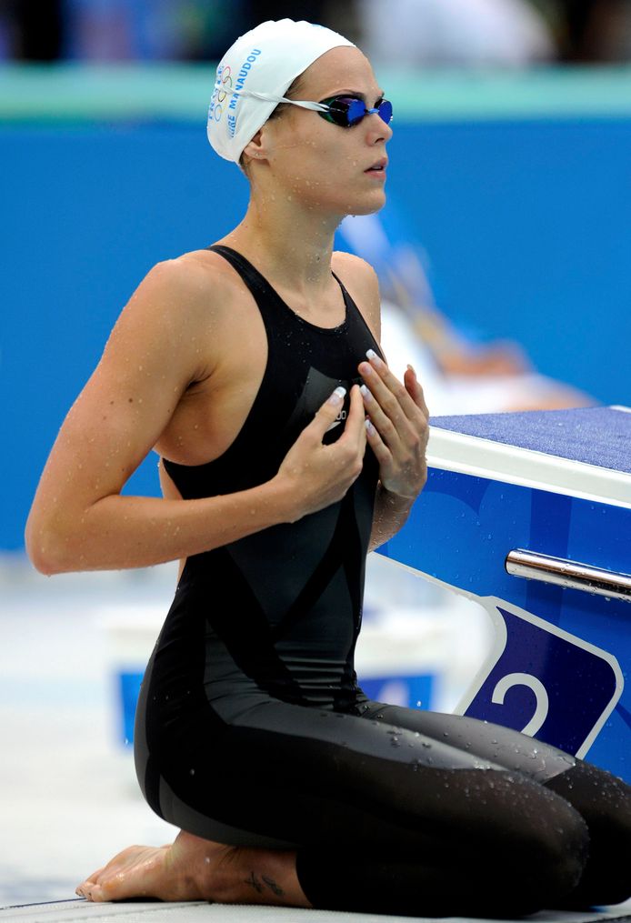De Franse zwemster Laure Manaudou droeg tijdens de Spelen van 2008 een hightech zwempak, net als de andere deelnemers.