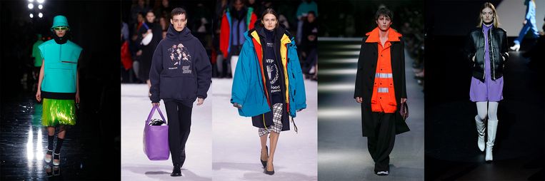 Van links naar rechts: Prada, Balenciaga, Balenciaga, Burberry, Baum und Pferdgarten. Beeld Team Peter Stigter