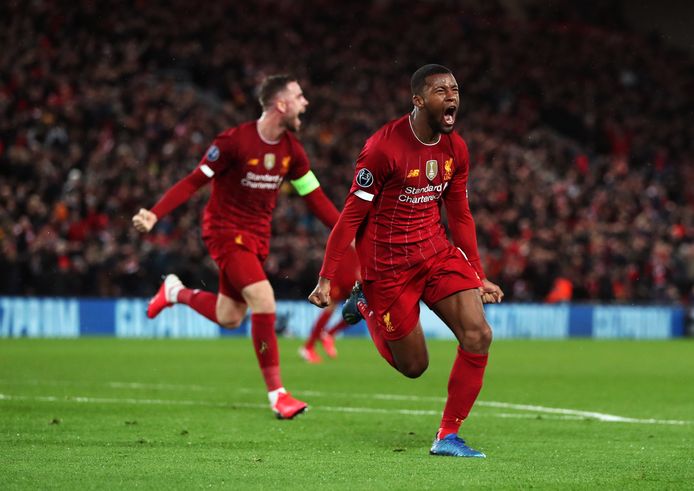 Georginio Wijnaldum viert zijn goal tegen Atlético Madrid op 11 maart.