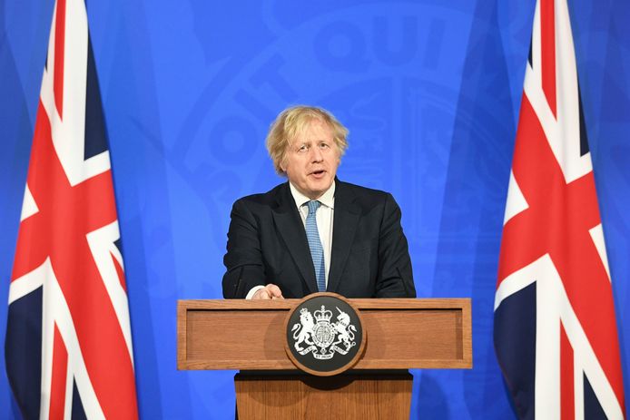 De Britse premier Boris Johnson tijdens de persconferentie vanavond.