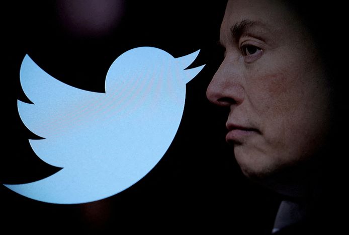Het logo van Twitter en Twitterbaas Elon Musk.