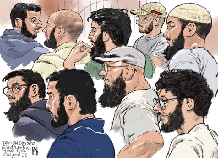 Tekening van de negen terrorismeverdachten
