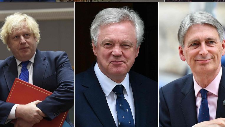 Britse ministers Boris Johnson (Buitenlandse Zaken), David Davis (Brexit), en Philip Hammond (Financiën) Beeld afp