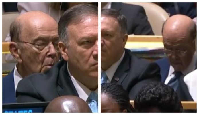 Wilbur Ross (81) lijkt te slapen tijdens de VN-toespraak van Donald Trump.
