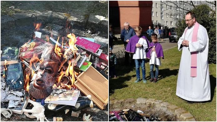 Links de brandstapel, met onder andere een Harry Potter-boek en een boek van spiritueel leider Osho. Rechts een van de priesters en twee aanwezige kinderen.