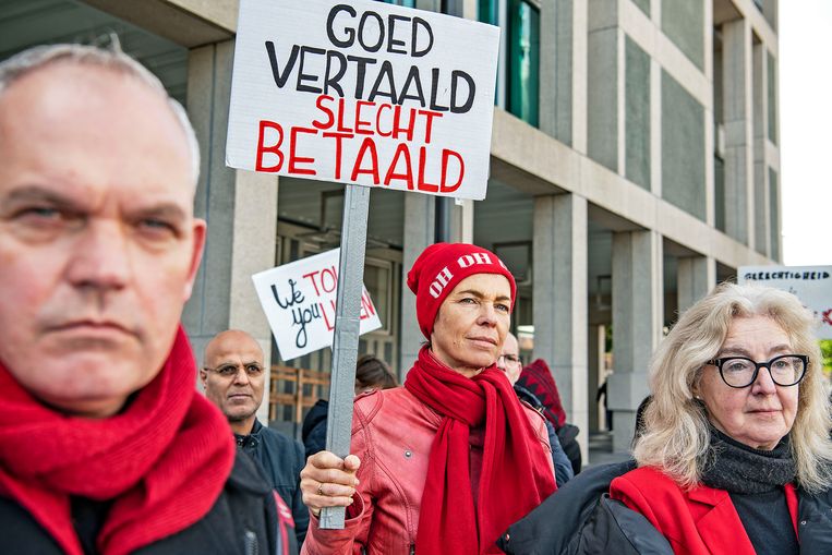 Tolken demonstreren woensdag voor de rechtbank in Arnhem tegen de nieuwe regels. Beeld Guus Dubbelman / de Volkskrant