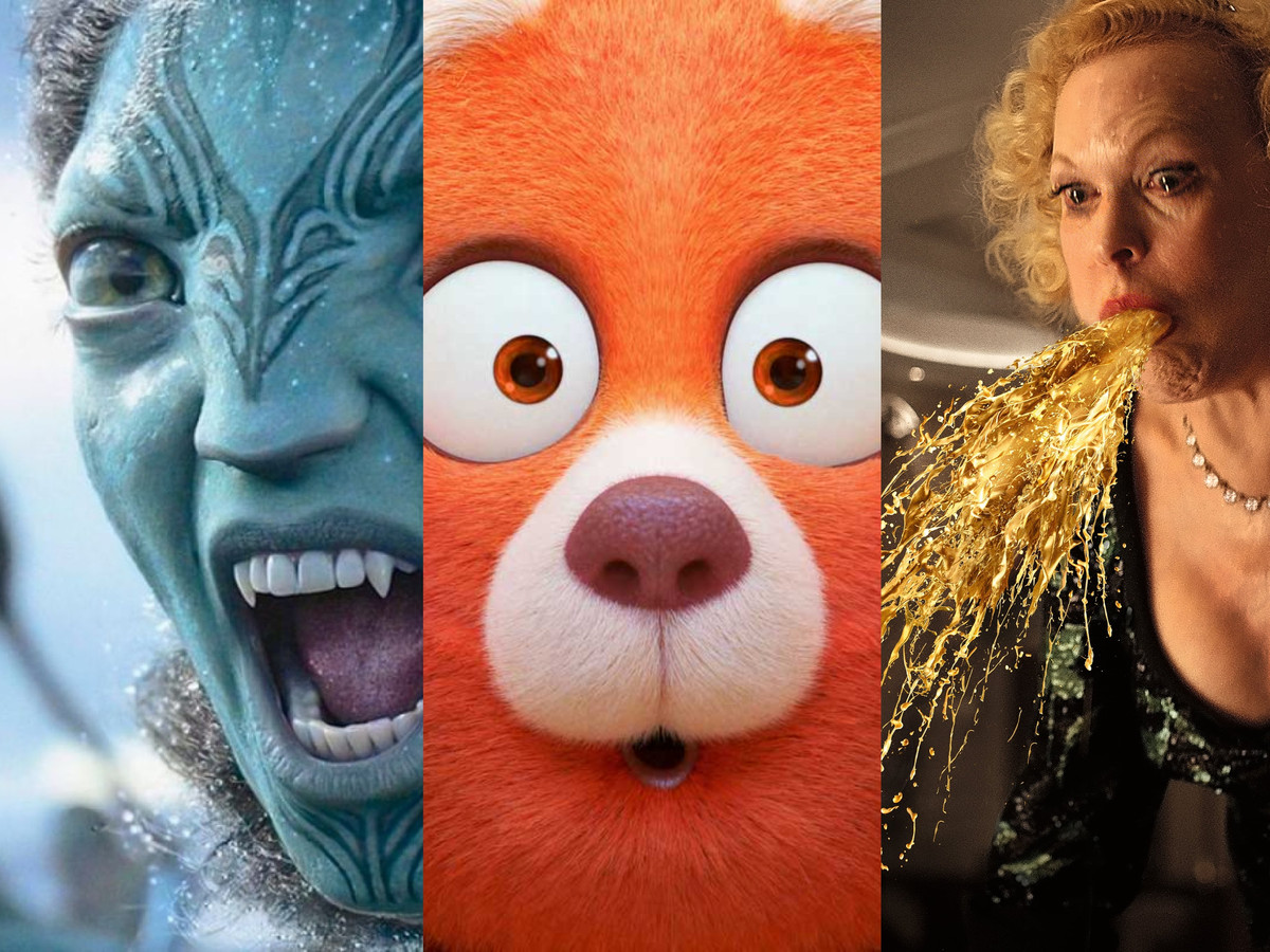 Scènes uit de films Avatar: The Way of Water, Turning Red en Triangle of Sadness.