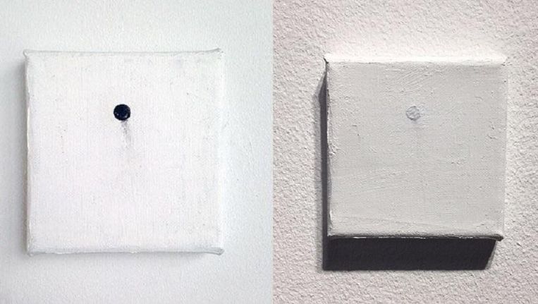 Portret of the Nail Behind the Canvas voor het overschilderen en erna (rechts). Beeld Bas van Wieringen