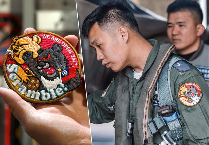 Heel wat Taiwanese piloten dragen patches waarop een karikatuur van de Chinese president een mep krijgt.