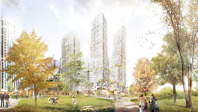 Een van de vele plannen voor hoge woontorens rond de Haagse stations: De torens van het Bellevue-project naast het Centraal Station worden 180 meter hoog.