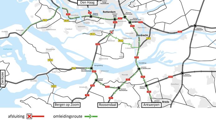 Kaart van Rijkswaterstaat met omleidingsroutes richting Rotterdam als de Heinenoordtunnel dicht gaat.