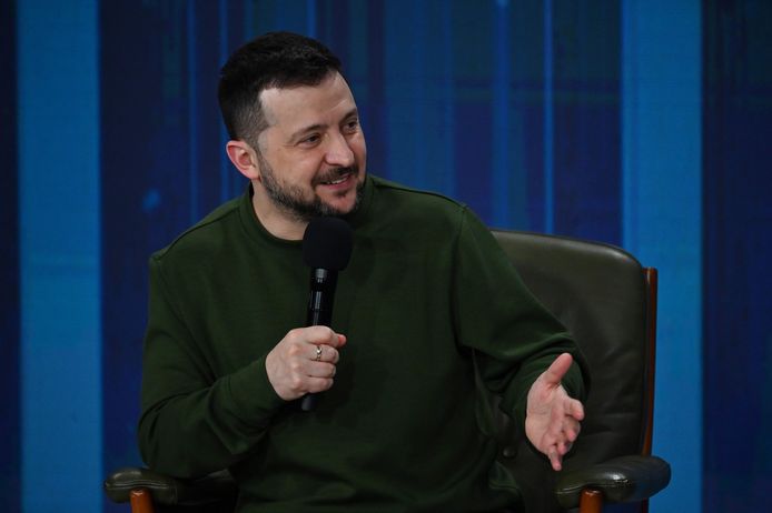 Ukrainian President Volodymyr Zelensky attends a press conference during the summit "Ukraine in 2024" Forum in Kiev on February 25, 2024, marking the second anniversary of the Russian invasion of Ukraine.  (Photo by Sergei Sobinski/AFP)