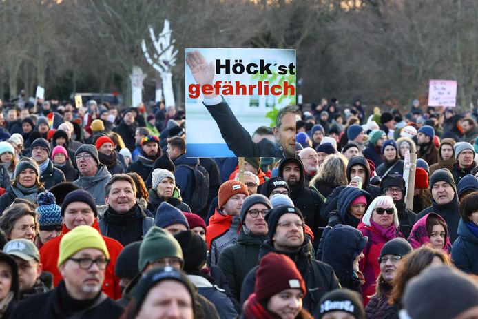 Een manifestant houdt een pancarte vast met de tekst "Höcke is gevaarlijk / Hoogstgevaarlijk". (21/01/24)