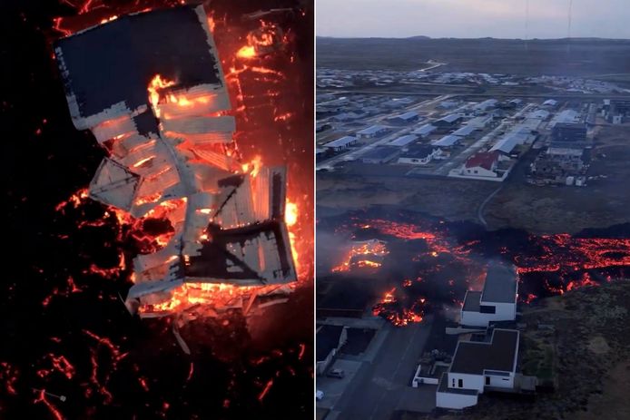 Aerial footage shows a house on fire due to a lava flow