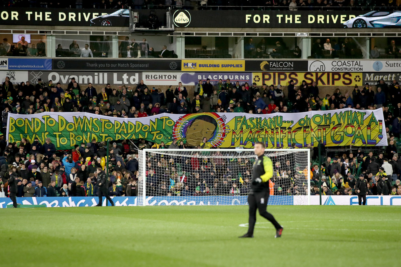 Het spandoek van de fans van Norwich City bij de wedstrijd tegen Liverpool (0-1 nederlaag) op 15 februari.