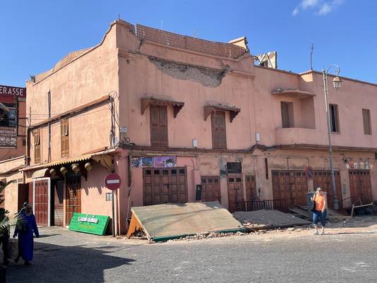 Een deel van de schade in het oude centrum van Marrakech.