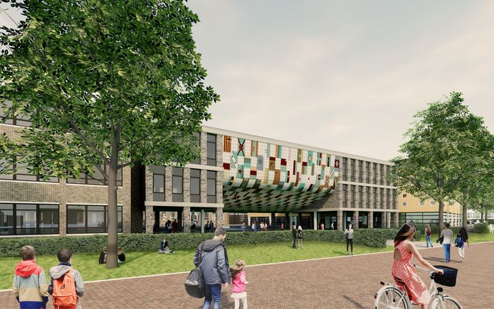 Artist impression van de nieuwbouw van het Mencia de Mendoza Lyceum in Breda, zicht vanaf de Mendelssohnlaan.