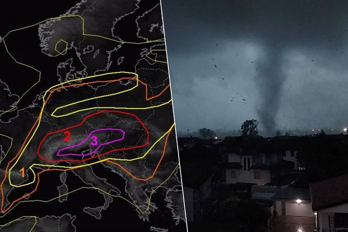 Sono attesi forti temporali nel nord Italia, Austria e Slovenia (area viola).  A destra, una foto scattata venerdì scorso mostra quello che sembra essere un tornado in Lombardia.