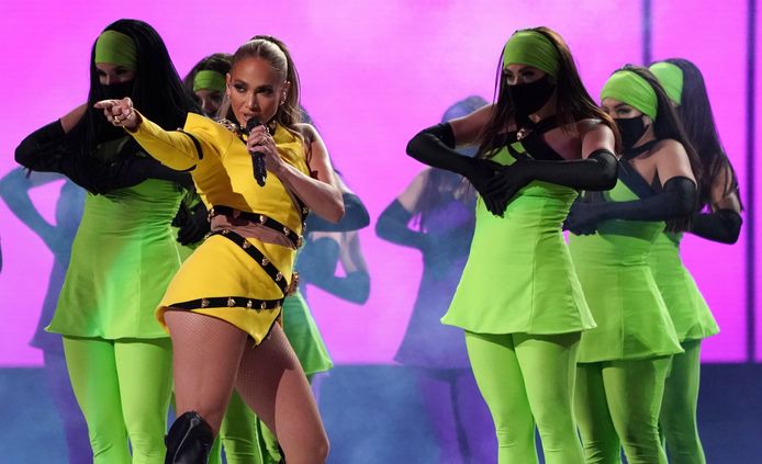 Jennifer Lopez tijdens haar optreden 'Vax Live: The Concert to Reunite the World' afgelopen zondag.