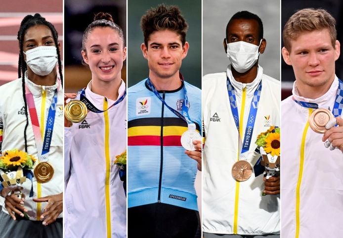 Nafi Thiam, Nina Derwael, Wout van Aert, Bashir Abdi en Matthias Casse pakten allen een medaille op de Spelen in Tokio.