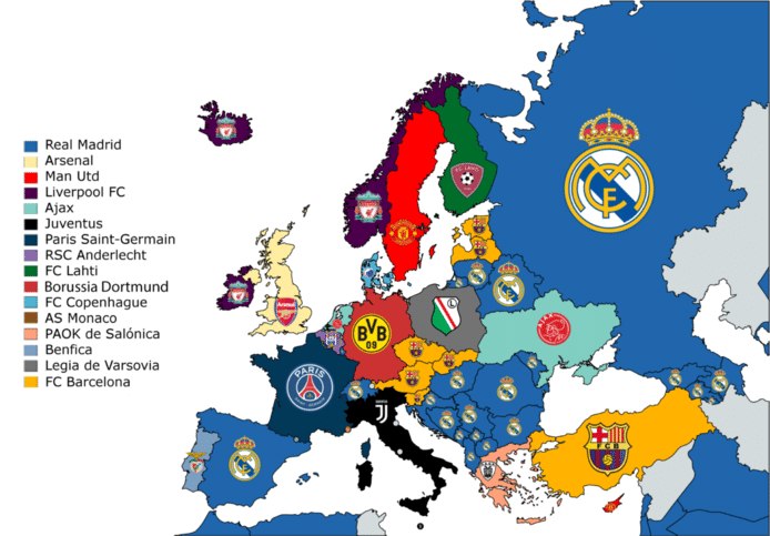 De populairste clubs op het internet per Europees land.
