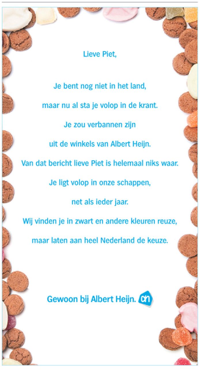 Brouwerij zaterdag Bont Albert Heijn schrijft gedicht aan Zwarte Piet | Binnenland | AD.nl