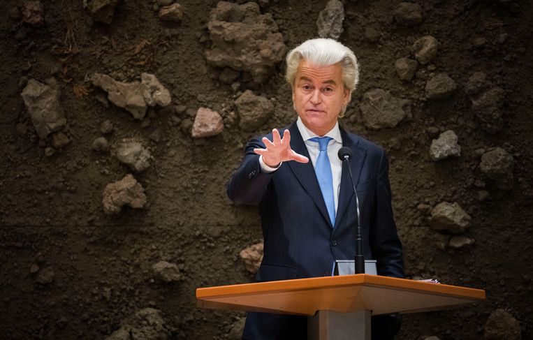 Geert Wilders (PVV) haalde tijdens het debat over de regeringsverklaring uit naar Kamerleden met een islamitische achtergrond. Beeld Freek van den Bergh / de Volkskrant
