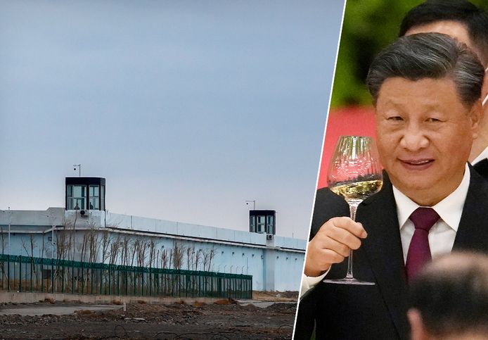 Fotomontage HLN. Links: Een detentiecentrum in de autonome Oeigoerse regio Xinjiang, in het noordwesten van China. Rechts: De Chinese president Xi Jinping.