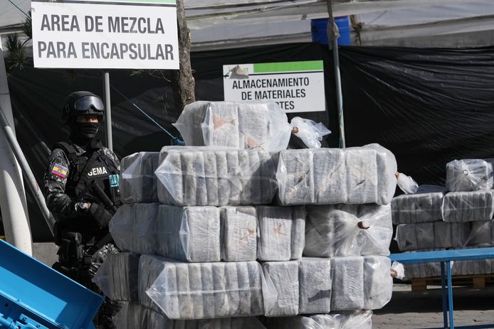 Een agent houdt de wacht bij een in beslag genomen drugslevering in Cayambe (Ecuador).