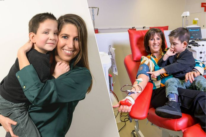 Getuigenis plasmadonatie: Yana en haar zoontje Elia. / De oma van Elia, Yvette Van Campenhout (59), komt plasma doneren.