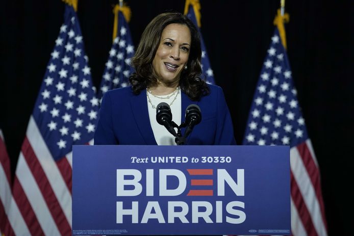 Kamala Harris tijdens haar eerste toespraak als running mate van Joe Biden.