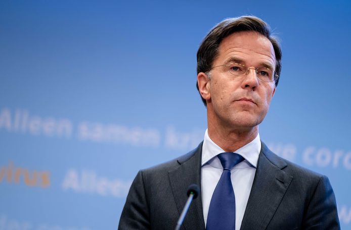 Premier Mark Rutte tijdens een persconferentie over het coronavirus.