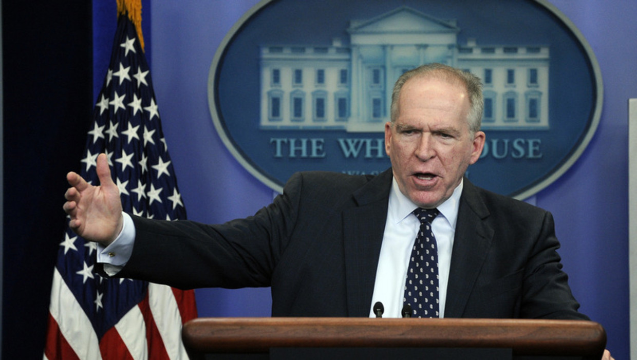 John Brennan, hoofd terreurbestrijding in Amerika, gisteren tijdens een persconferentie Beeld bruno