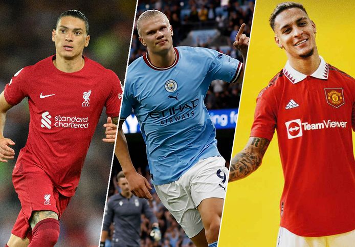 Darwin Nuñez, Erling Haaland en Antony: de topaankopen van respectievelijk Liverpool, Man City en Man United.